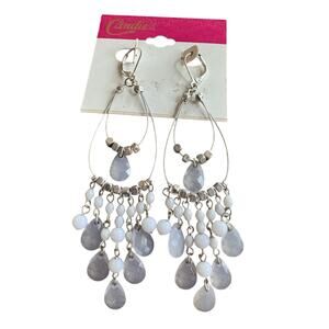 Candie’s Chandelier Earrings Silvertone Clear White Opaque Plastic Beads Dangle
